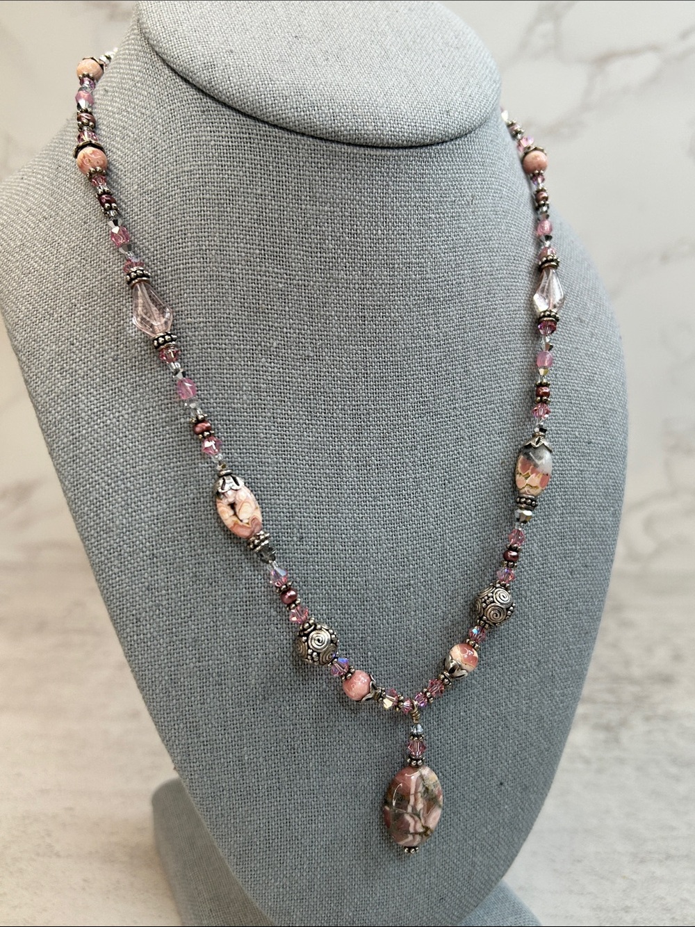 Charming Rhodonite Stone & Pink Crystsl Beaded 925 Sterling Silver Necklace - Picture 6 of 11